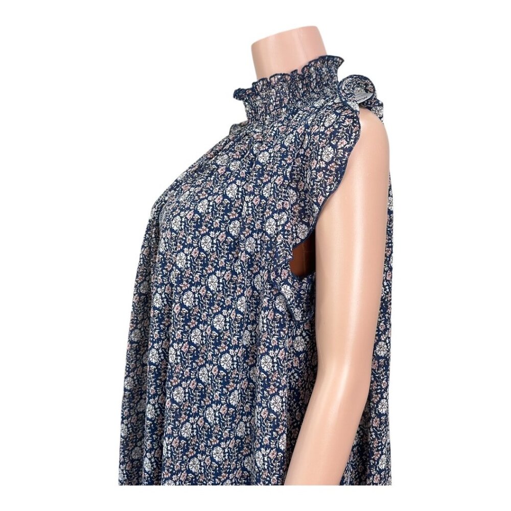 CODExMODE Women SZ M Navy Blue Floral A Line Knee Lenght Dress High Neck Chiffon - Picture 9 of 15